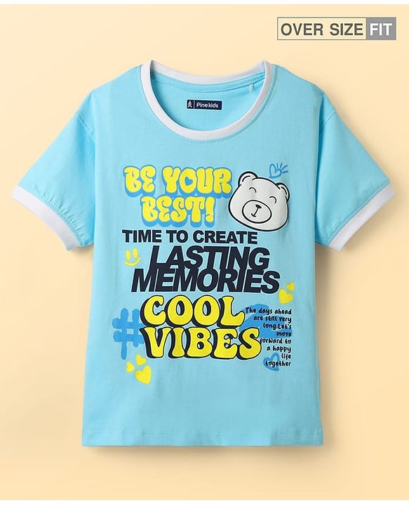 Pine Kids Cotton Knit Half Sleeves T-Shirt with Text Print - Turquoise