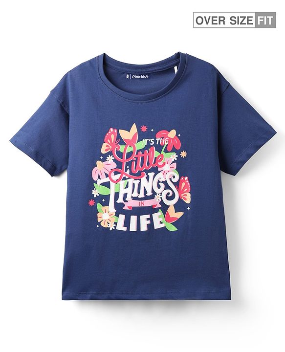 Pine Kids Cotton Knit Half Sleeves T-Shirt with Text Print - Navy Blue