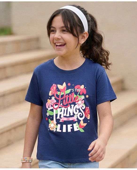 Pine Kids Cotton Knit Half Sleeves T-Shirt with Text Print - Navy Blue
