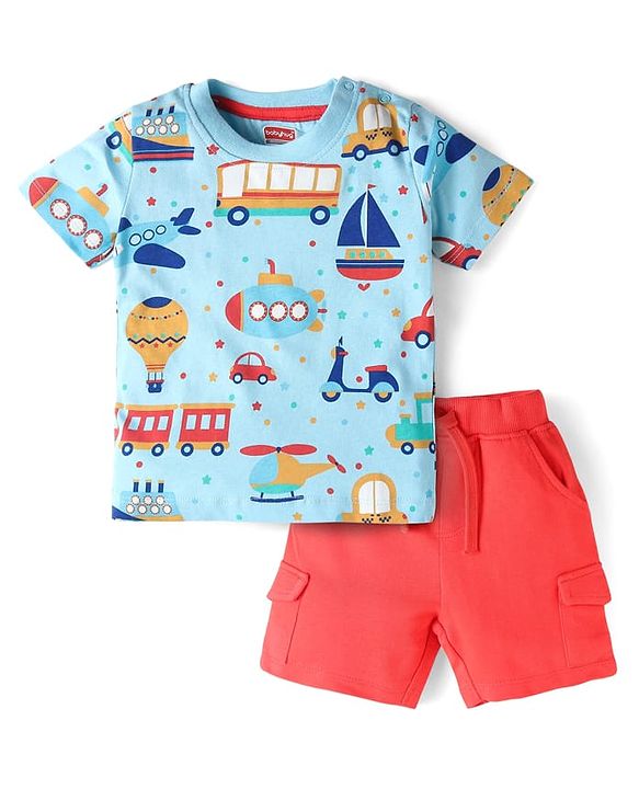 Babyhug Single Jersey Knit Half Sleeves T-Shirt & Shorts Set With Vehicle Print - Light Blue & Red