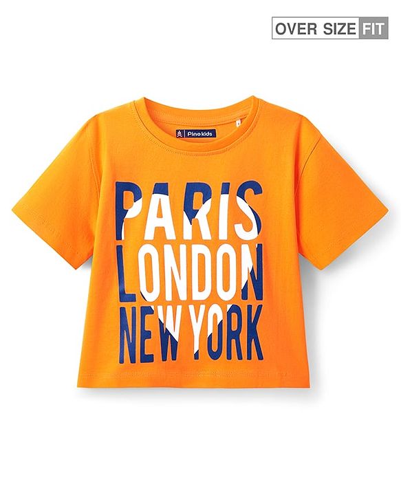 Pine Kids Cotton Knit Half Drop Shoulder Sleeves Oversize  T-Shirt With Paris London New York Text Print - Yellow