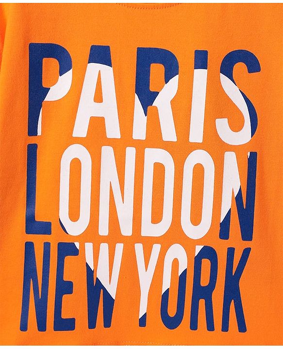 Pine Kids Cotton Knit Half Drop Shoulder Sleeves Oversize  T-Shirt With Paris London New York Text Print - Yellow