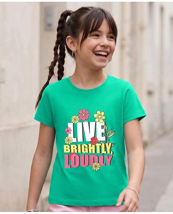 Pine Kids Cotton Knit Half Sleeves T-Shirt With Live Brightly Loudly Text Print - Light Green