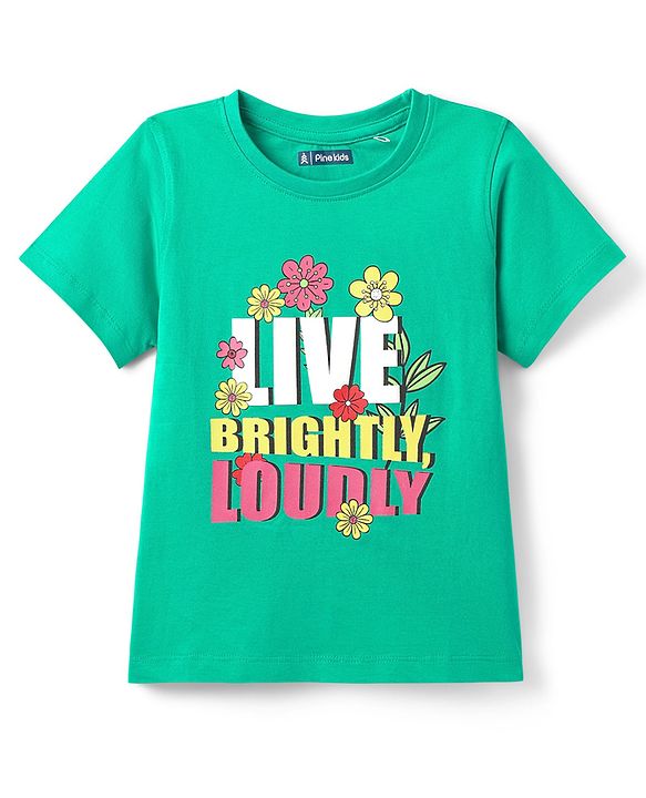 Pine Kids Cotton Knit Half Sleeves T-Shirt With Live Brightly Loudly Text Print - Light Green