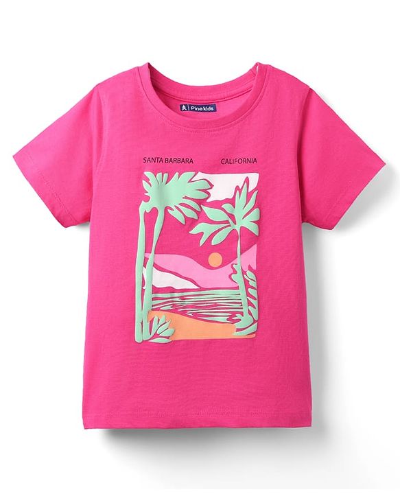 Pine Kids Cotton Knit Half Sleeves T-Shirt with Beach Theme Print - Pink