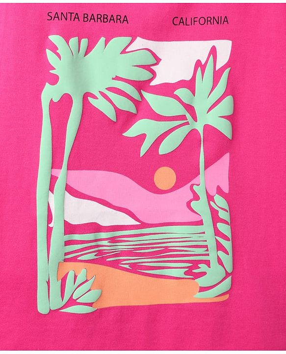 Pine Kids Cotton Knit Half Sleeves T-Shirt with Beach Theme Print - Pink