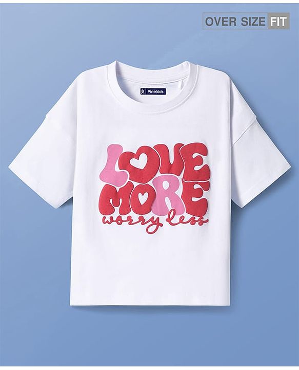 Pine Kids Cotton Knit Half Sleeves Oversized T-Shirt with Text Print - White