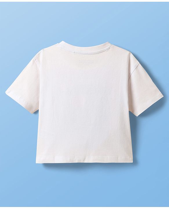 Pine Kids Cotton Knit Half Sleeves Oversized Shoulder Drop T-Shirt With Sunshine Text Print - White