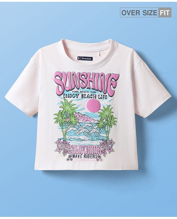 Pine Kids Cotton Knit Half Sleeves Oversized Shoulder Drop T-Shirt With Sunshine Text Print - White