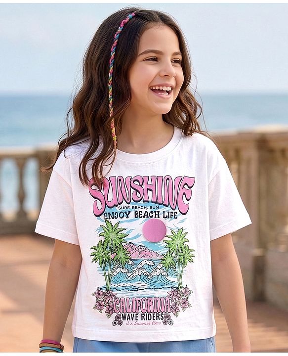 Pine Kids Cotton Knit Half Sleeves Oversized Shoulder Drop T-Shirt With Sunshine Text Print - White