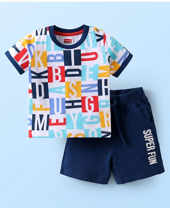 Babyhug Single Jersey Knit Half Sleeves T-Shirt & Shorts Set With Text Print - White & Navy Blue