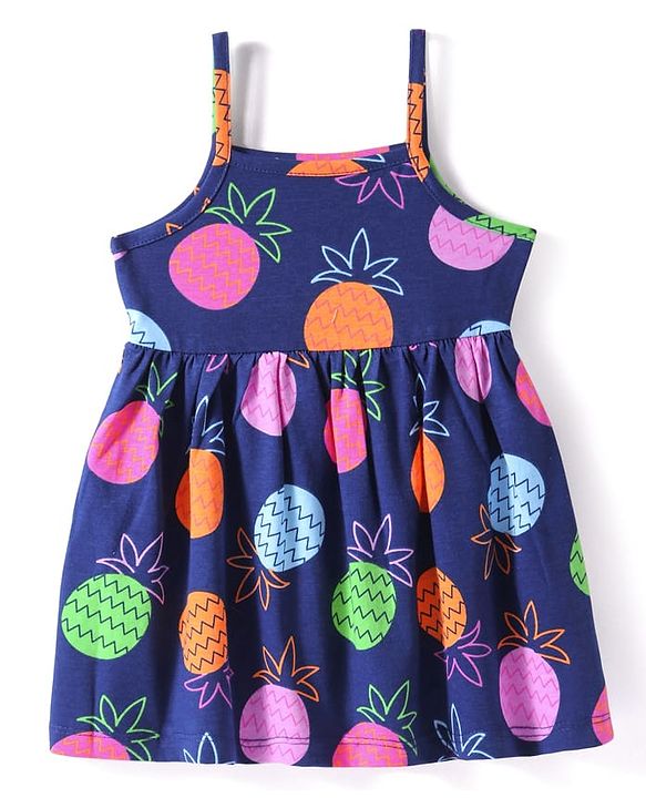 Babyhug Cotton Knit Singlet Sleeves Tropical Theme Frock with Bloomer & Head Band -  Navy Blue