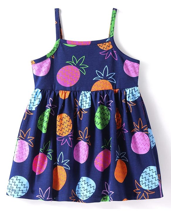 Babyhug Cotton Knit Singlet Sleeves Tropical Theme Frock with Bloomer & Head Band -  Navy Blue