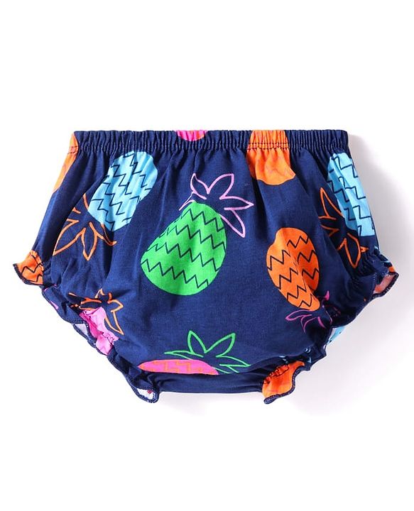 Babyhug Cotton Knit Singlet Sleeves Tropical Theme Frock with Bloomer & Head Band -  Navy Blue