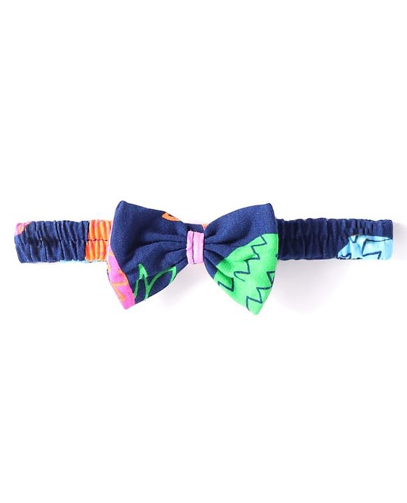 Babyhug Cotton Knit Singlet Sleeves Tropical Theme Frock with Bloomer & Head Band -  Navy Blue