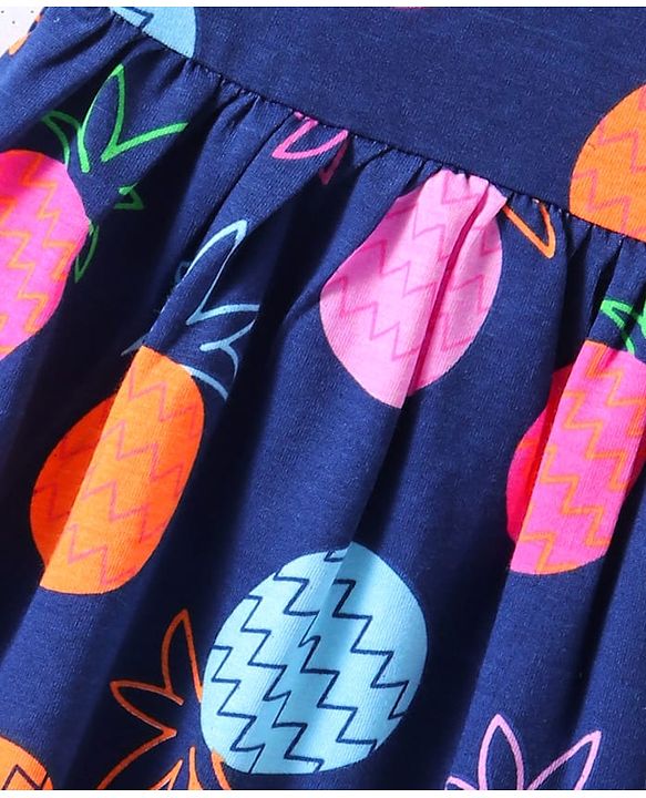 Babyhug Cotton Knit Singlet Sleeves Tropical Theme Frock with Bloomer & Head Band -  Navy Blue