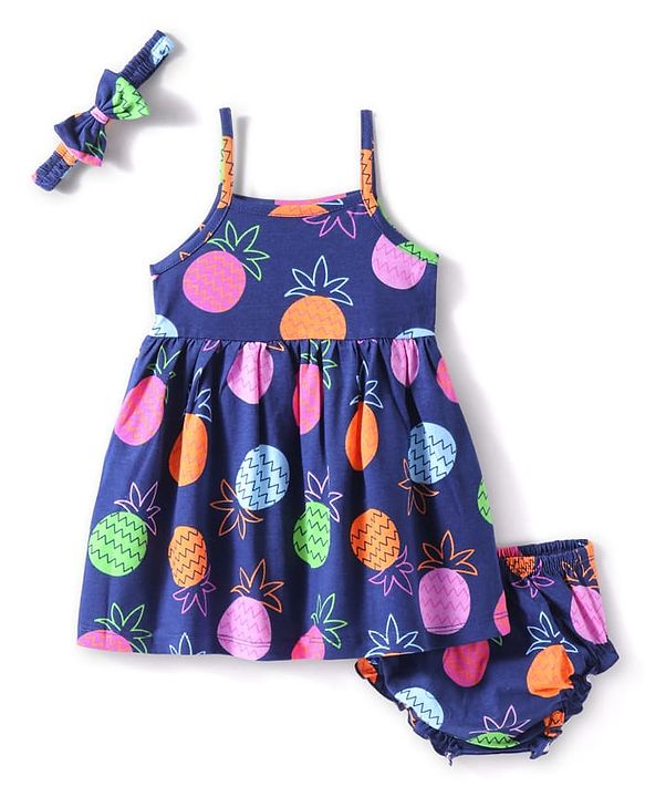 Babyhug Cotton Knit Singlet Sleeves Tropical Theme Frock with Bloomer & Head Band -  Navy Blue
