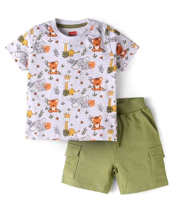 Babyhug Single Jersey Knit Half Sleeves Animal Print T-Shirt & Shorts Set - Olive Green & Grey