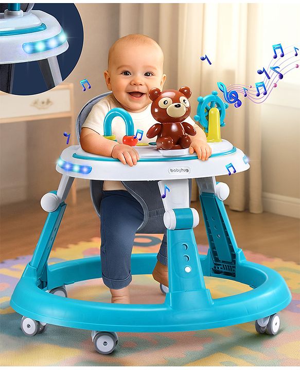 Babyhug Teddy Foldable Baby Walker with Toy Bar Music & Lights - Teal Blue| Adjustable Height| 360° Swivel Wheels| Detachable Toy Bar