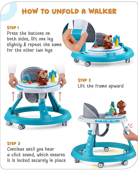 Babyhug Teddy Foldable Baby Walker with Toy Bar Music & Lights - Teal Blue| Adjustable Height| 360° Swivel Wheels| Detachable Toy Bar