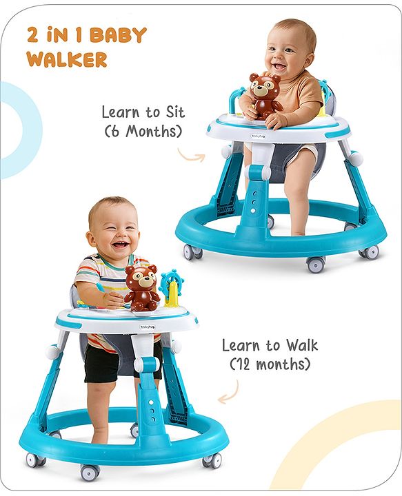 Babyhug Teddy Foldable Baby Walker with Toy Bar Music & Lights - Teal Blue| Adjustable Height| 360° Swivel Wheels| Detachable Toy Bar