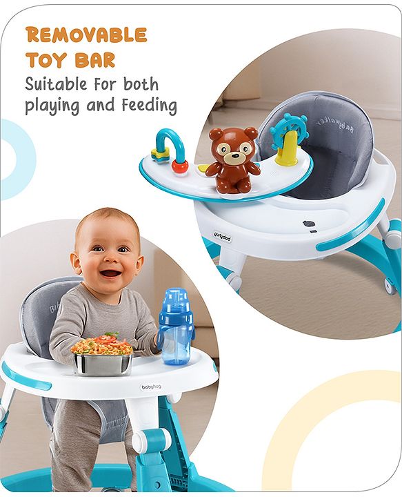 Babyhug Teddy Foldable Baby Walker with Toy Bar Music & Lights - Teal Blue| Adjustable Height| 360° Swivel Wheels| Detachable Toy Bar