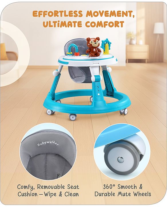 Babyhug Teddy Foldable Baby Walker with Toy Bar Music & Lights - Teal Blue| Adjustable Height| 360° Swivel Wheels| Detachable Toy Bar