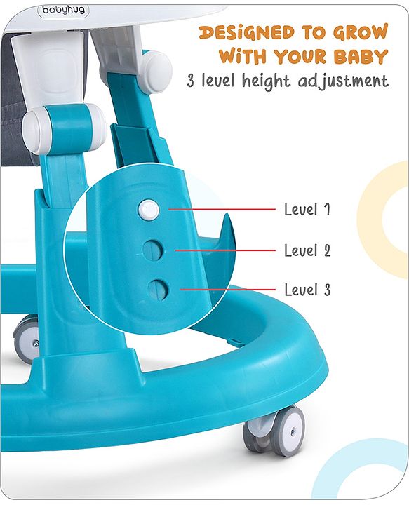 Babyhug Teddy Foldable Baby Walker with Toy Bar Music & Lights - Teal Blue| Adjustable Height| 360° Swivel Wheels| Detachable Toy Bar