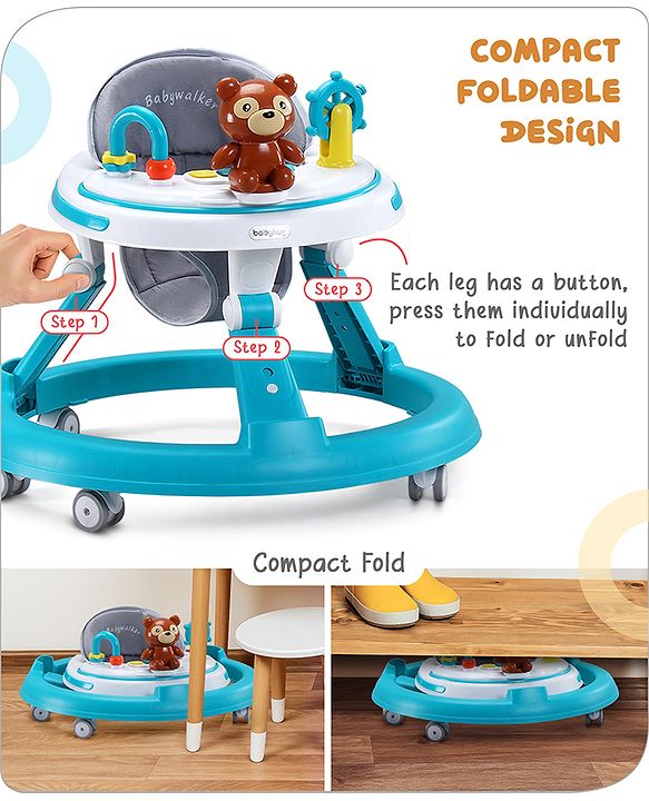 Babyhug Teddy Foldable Baby Walker with Toy Bar Music & Lights - Teal Blue| Adjustable Height| 360° Swivel Wheels| Detachable Toy Bar