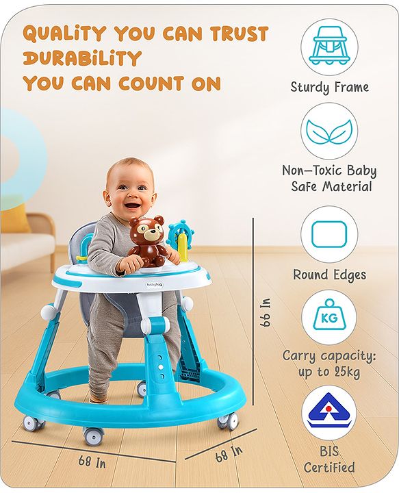 Babyhug Teddy Foldable Baby Walker with Toy Bar Music & Lights - Teal Blue| Adjustable Height| 360° Swivel Wheels| Detachable Toy Bar