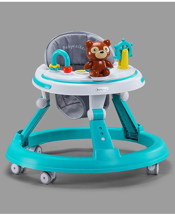 Babyhug Teddy Foldable Baby Walker with Toy Bar Music & Lights - Teal Blue| Adjustable Height| 360° Swivel Wheels| Detachable Toy Bar