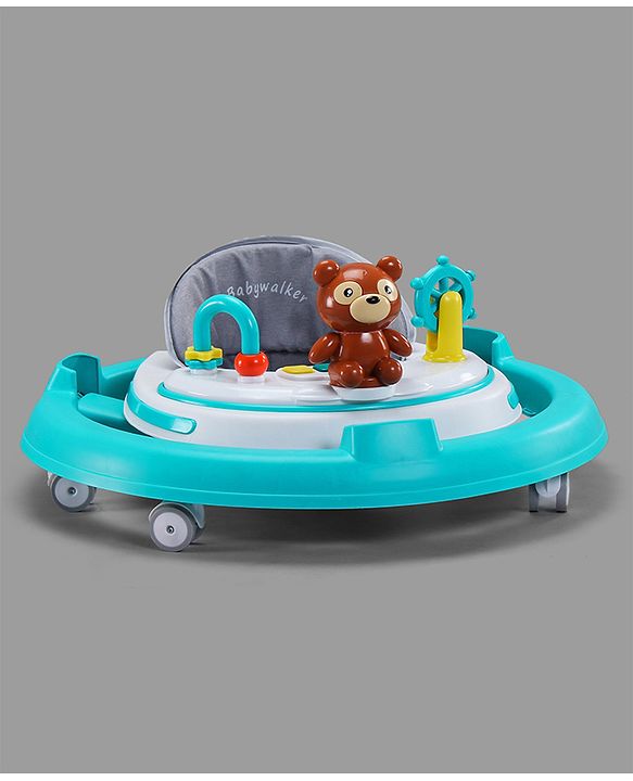 Babyhug Teddy Foldable Baby Walker with Toy Bar Music & Lights - Teal Blue| Adjustable Height| 360° Swivel Wheels| Detachable Toy Bar