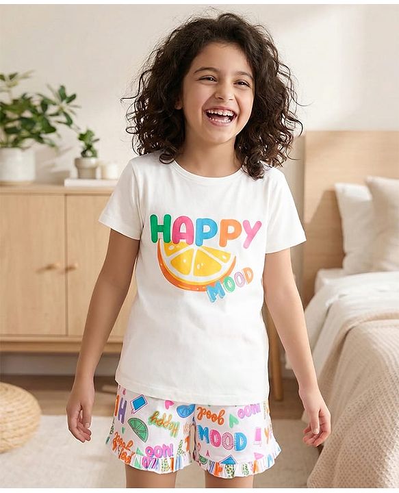 Pine Kids Single Jersey Knit Half Sleeves Shorts Night Suit with Happy Mood Text Print - White