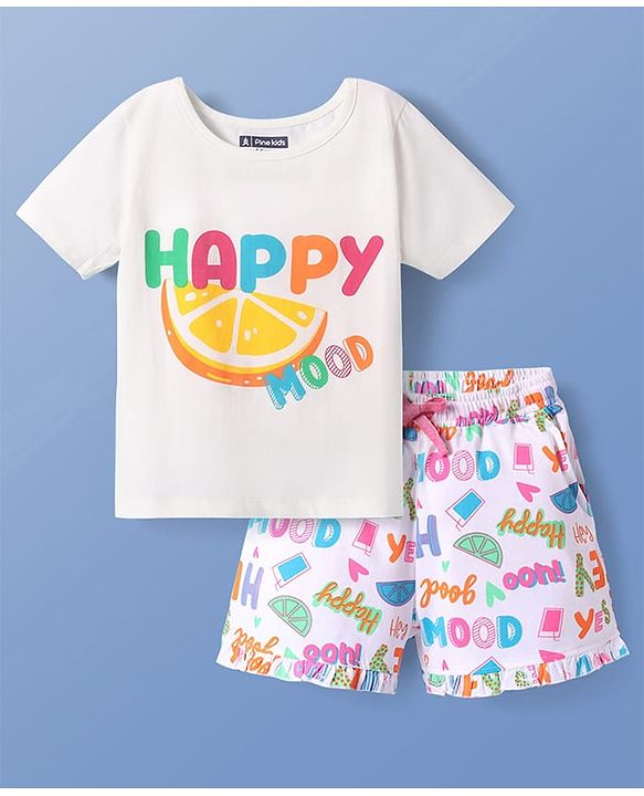 Pine Kids Single Jersey Knit Half Sleeves Shorts Night Suit with Happy Mood Text Print - White