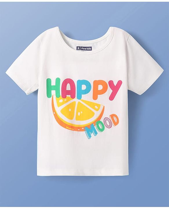 Pine Kids Single Jersey Knit Half Sleeves Shorts Night Suit with Happy Mood Text Print - White