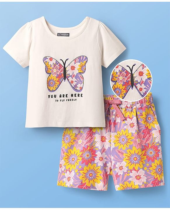 Pine Kids Single Jersey Knit Half Sleeves Shorts Night Suit With Butterfly & Floral Print - White & Purple