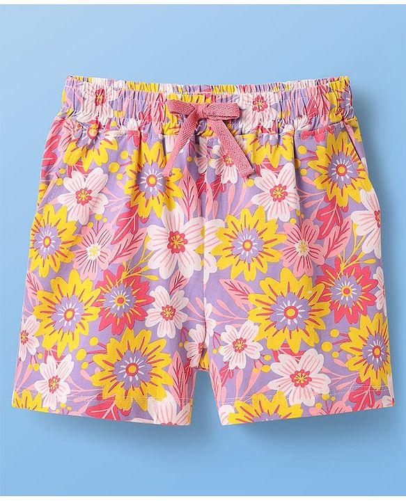Pine Kids Single Jersey Knit Half Sleeves Shorts Night Suit With Butterfly & Floral Print - White & Purple
