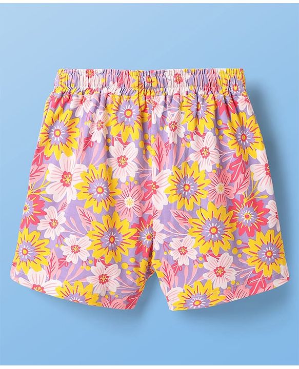 Pine Kids Single Jersey Knit Half Sleeves Shorts Night Suit With Butterfly & Floral Print - White & Purple