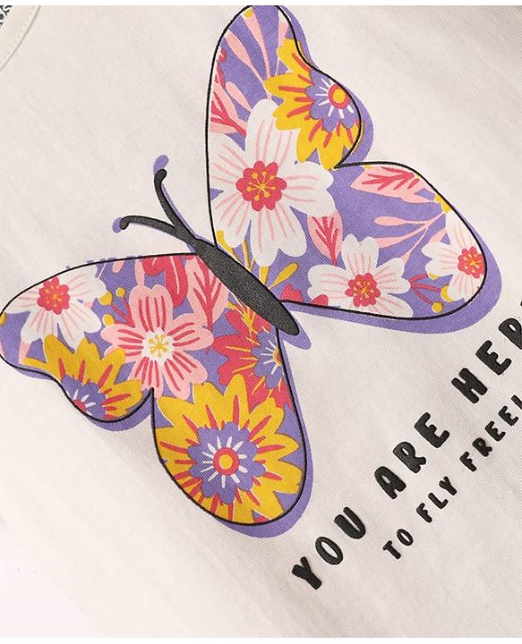 Pine Kids Single Jersey Knit Half Sleeves Shorts Night Suit With Butterfly & Floral Print - White & Purple