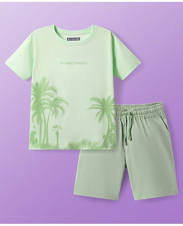 Pine Kids Single Jersey Knit Half Sleeves Shorts Night Suit with Coconut Tree Print - Light Green