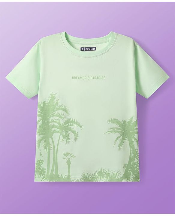 Pine Kids Single Jersey Knit Half Sleeves Shorts Night Suit with Coconut Tree Print - Light Green