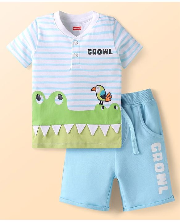 Babyhug Single Jersey Knit Half Sleeves Front Open T-Shirt & Shorts Set With Crocodile Print & Bird Patch - Light Blue