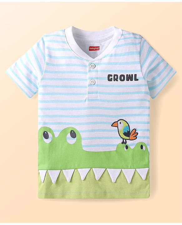 Babyhug Single Jersey Knit Half Sleeves Front Open T-Shirt & Shorts Set With Crocodile Print & Bird Patch - Light Blue