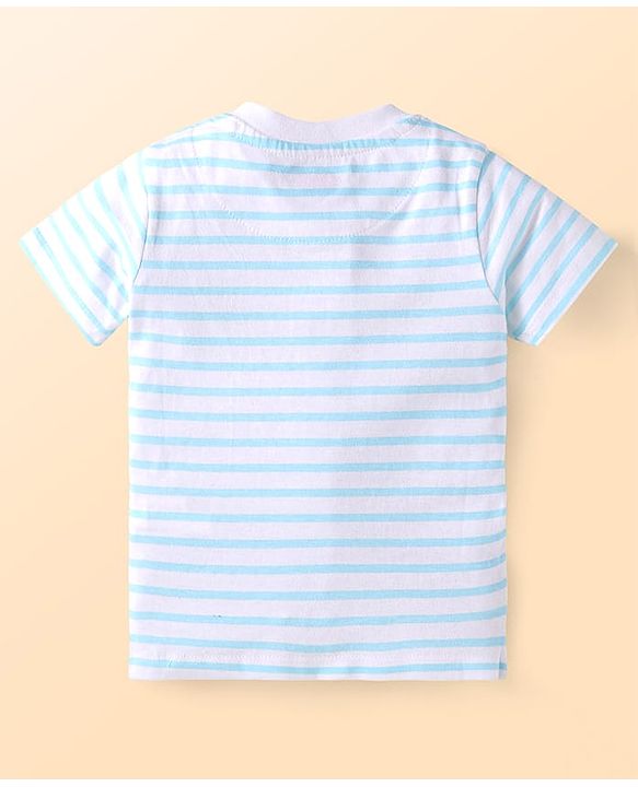 Babyhug Single Jersey Knit Half Sleeves Front Open T-Shirt & Shorts Set With Crocodile Print & Bird Patch - Light Blue