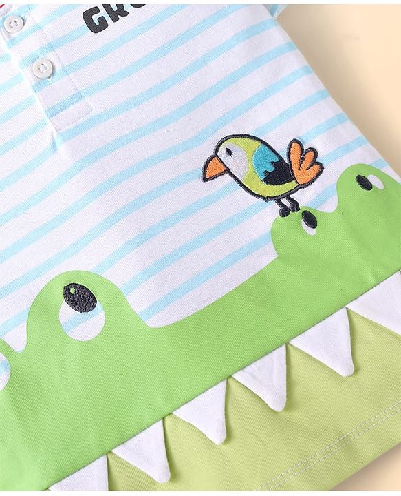 Babyhug Single Jersey Knit Half Sleeves Front Open T-Shirt & Shorts Set With Crocodile Print & Bird Patch - Light Blue