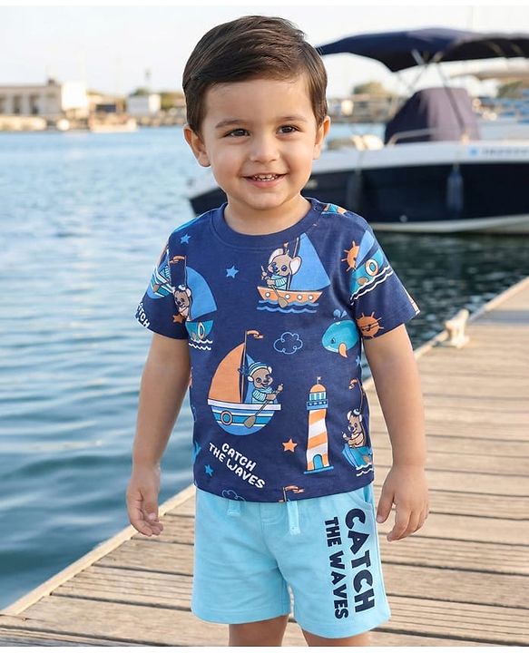 Babyhug Single Jersey Knit Half Sleeves Beach Theme T-Shirt & Shorts Set - Blue