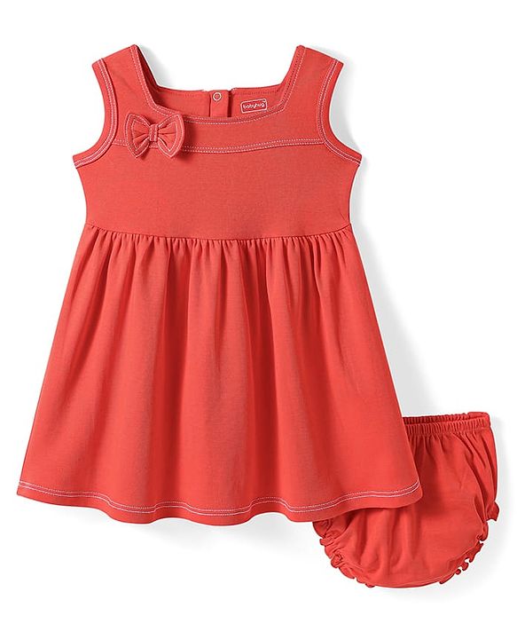 Babyhug Cotton Knit Sleeveless Solid Frock With Bow Applique & Bloomer - Red