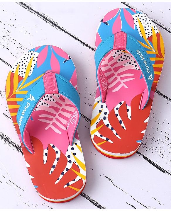 Pine Kids Slip On Flip Flops with Tropical Print - Pink & Red