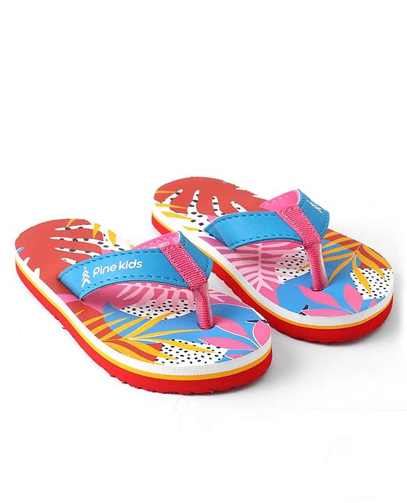 Pine Kids Slip On Flip Flops with Tropical Print - Pink & Red