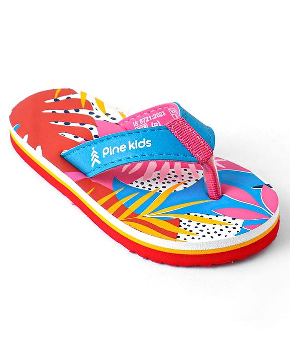 Pine Kids Slip On Flip Flops with Tropical Print - Pink & Red